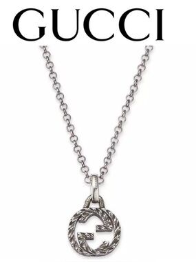 Gucci Rhodium Textured Pendant Chain Interlocking G Logo Necklace